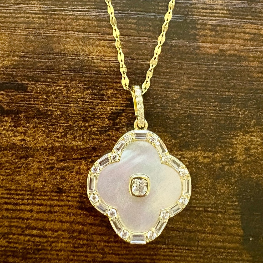NWOT - Rachel Zoe 14k Gold over 925 Clover Necklace with MOP & Cubic Zirconias